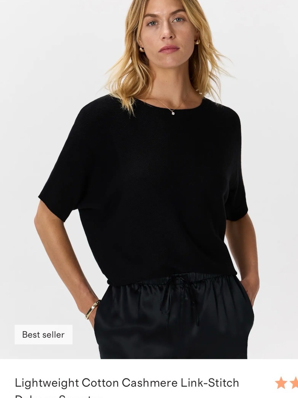 QUINCE Lightweight Black Cotton-Cashmere Link-Stitch Top